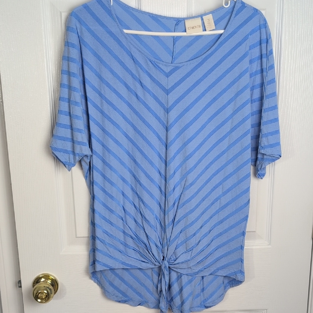 Chico's Light Blue Diagonal Striped Tee, Tie Front, Sz. 3